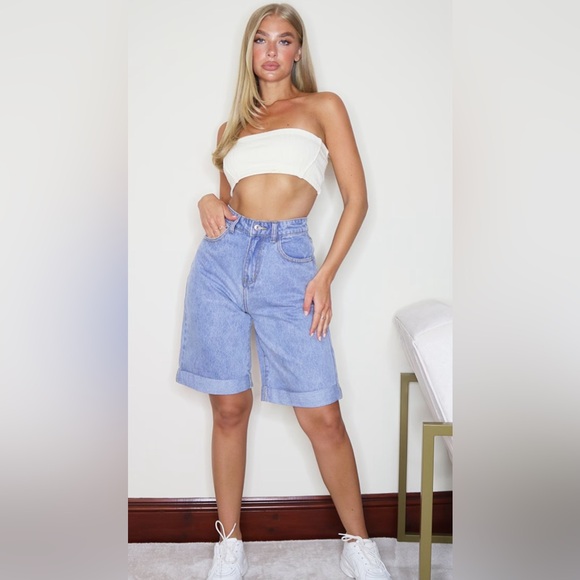 PrettyLittleThing Pants - NWT Vintage Wash Denim Longline Turn Up Boyfriend Shorts Size 8 (UK size 12)